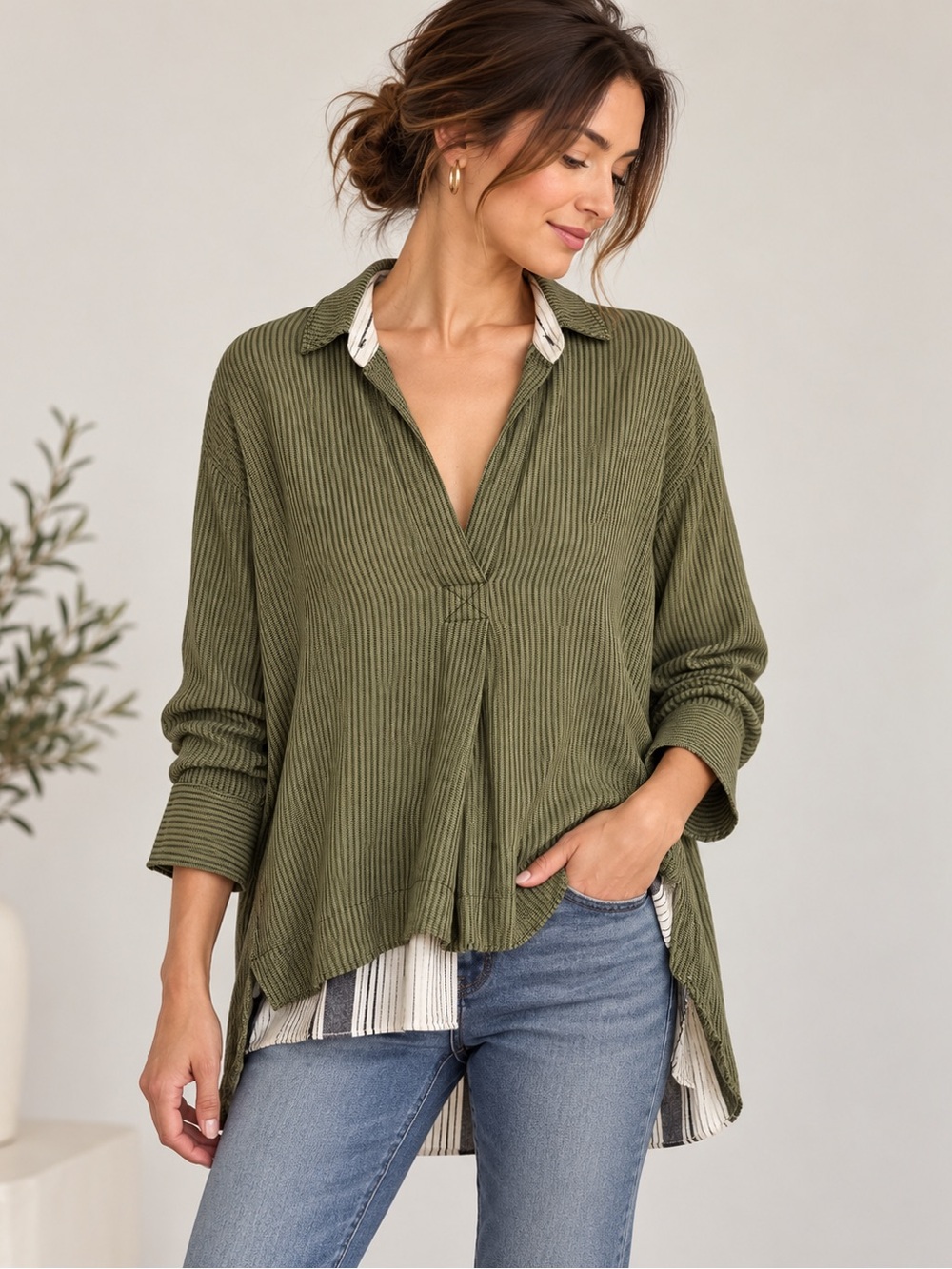 Free People On The Road Olive Green Striped Shirt M